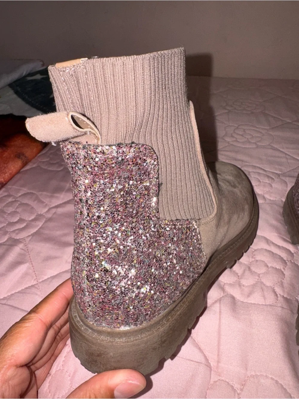 Steve Madden Taupe Suede Ankle Boots with Knit Cuff & Glitter Panel